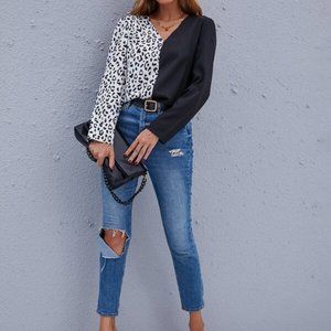 CHIC DOLLZ Colorblock Leopard Print Blouse